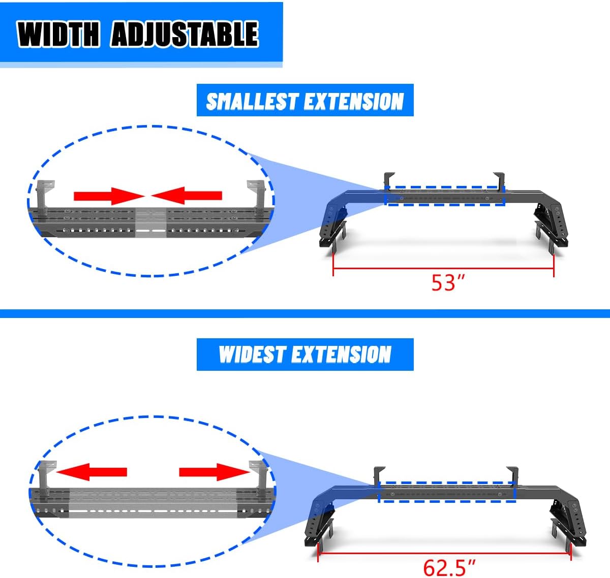 CPW Universal Mid-Size Pickup Trucks Roll Bar, Adjustable Sport Chase Rack Roll Bar Fit for Chevy/Ford/Jeep/Toyota/Nissan/Honda, Overland Bed Rack Compatible w/Factory Bed Rail