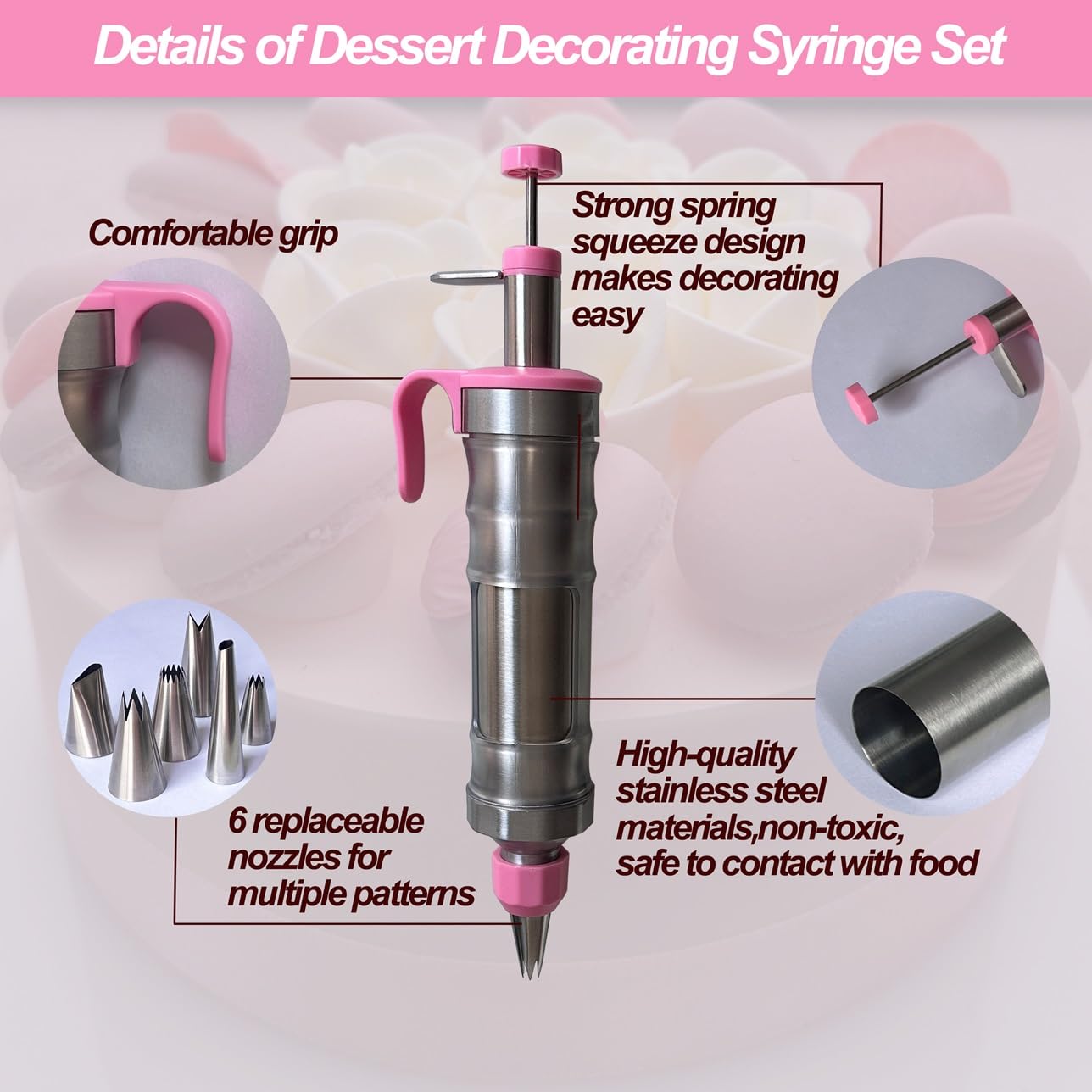 Juego de jeringas para decoración de postres, pistola para decoración de pasteles, kit de tuberías de glaseado de acero inoxidable, herramientas de decoración de pasteles (plata y rosa)