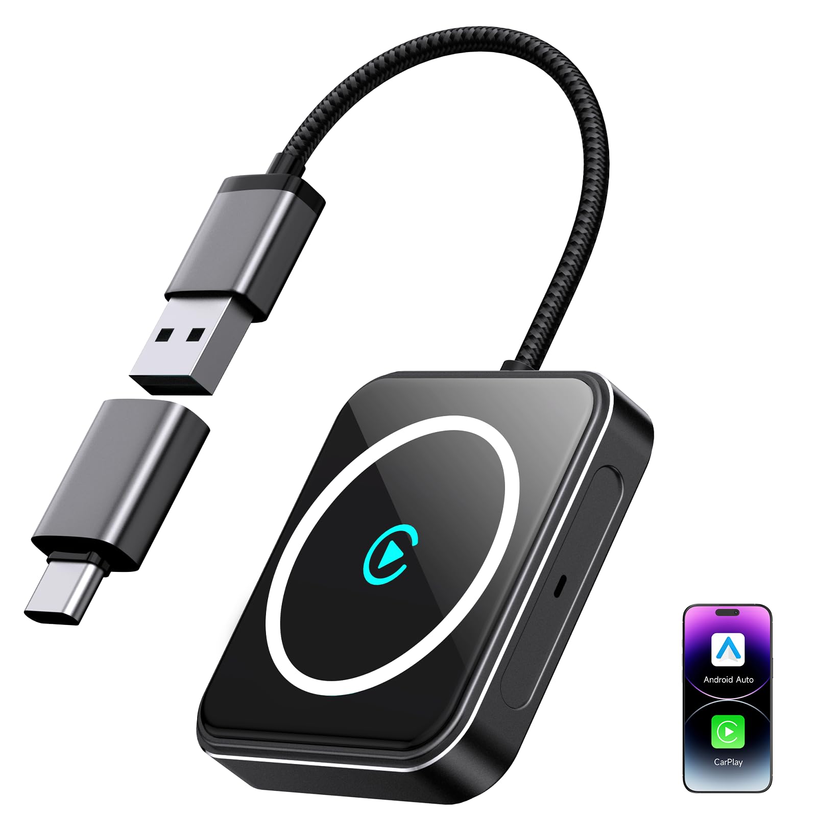 Photo 1 of Wireless CarPlay Adapter for iPhone & Android, 2-in-1 Apple CarPlay Wireless Adapter, Plug & Play, Low Latency, USB-A/C, Converts Wired to Wireless CarPlay (iOS 10+, Android 11+)