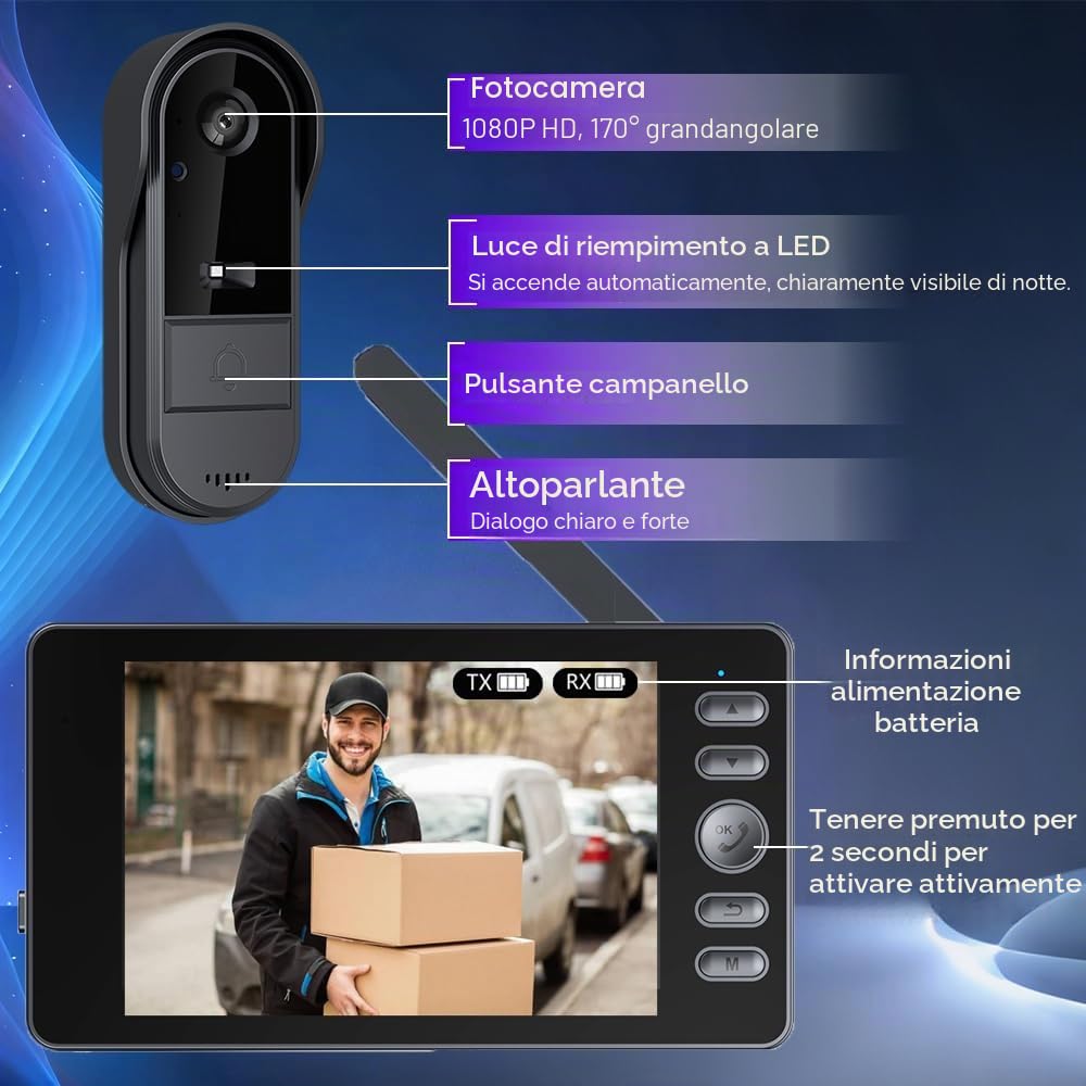 Winnes Videocitofono Citofono Senza Fili da Esterno con Schermo IPS 4,3'' Video Campanello con Telecamera 1080P 170°Angolo Visuale,Visione Notturna,Spioncino Digitale Senza WiFi/APP/Abbonamento