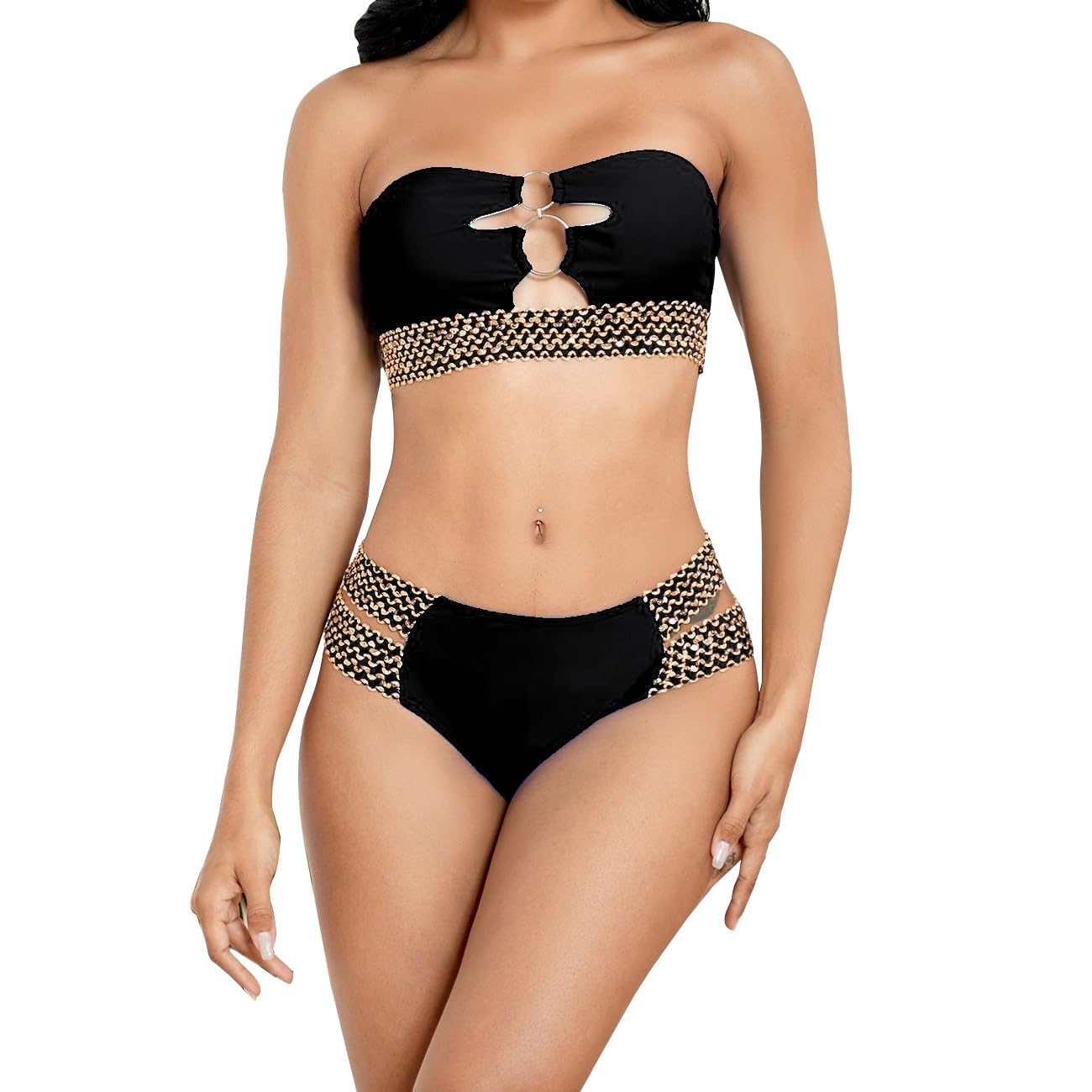TOEECY Conjuntos de Bikinis para Mujer Sin Tirantes Cut out Push Up Cintura Alta Traje De Baño Acolchados Retro Bañador 2 Piezas Bikinis Viajes Playa La Natacion