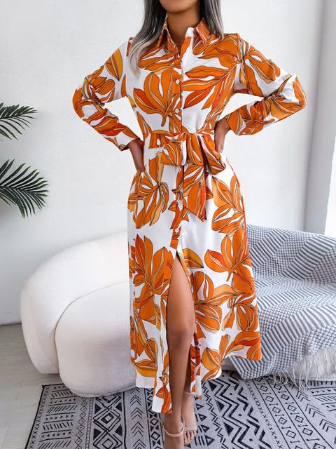 Gufrina Women's Crepe Midi Dress With Full Sleeves Floral Printed Collar Neck Maxi Length Regular Fit And A Line Style Orange