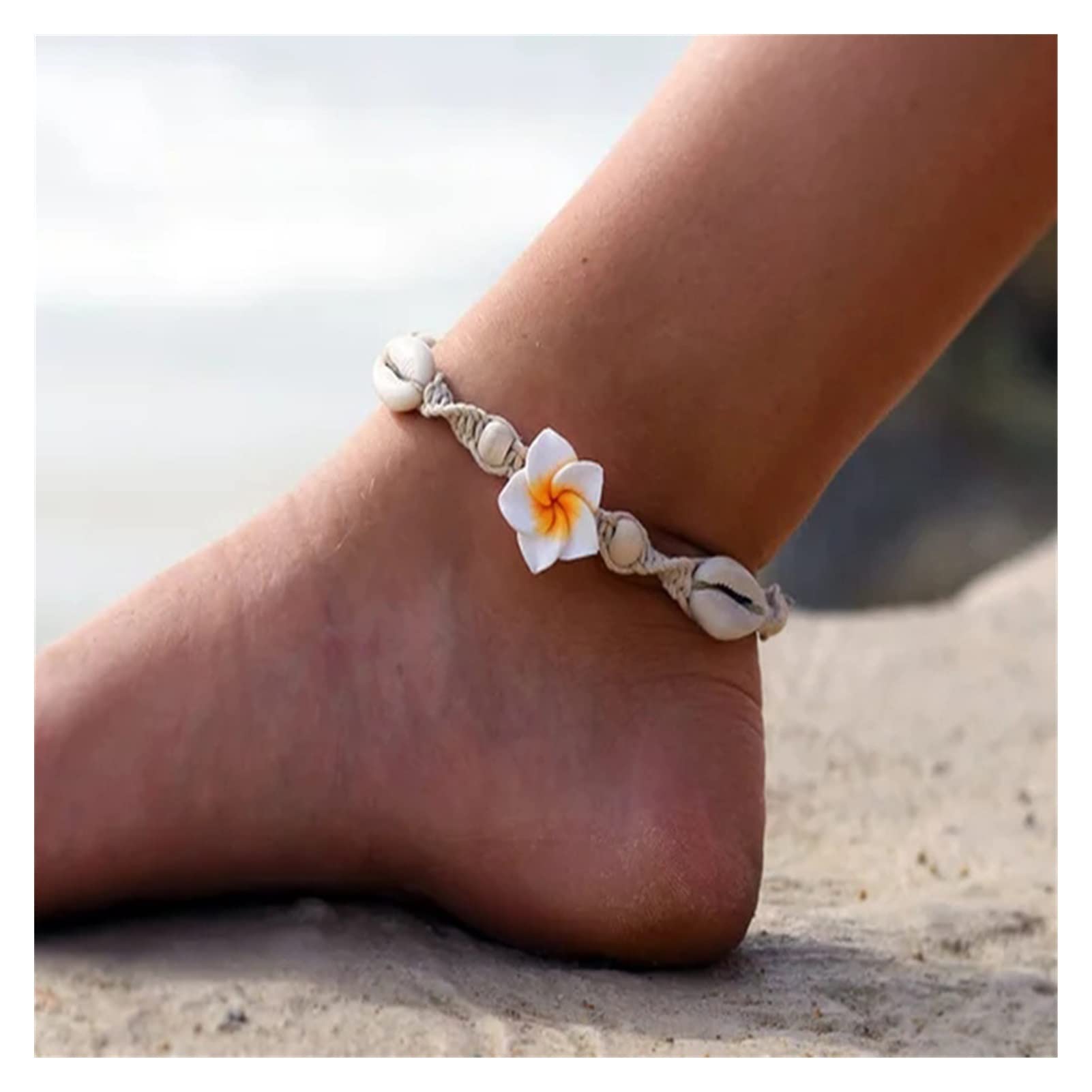 HLTYGWX Tobilleras/Tobilleras Tobillera Bohemia Tobillera de Playa - Tobillera Tejida a Mano con Flor de cerámica Suave y Concha de Mar Pulseras de Tobillo (Color : Pink Flower)