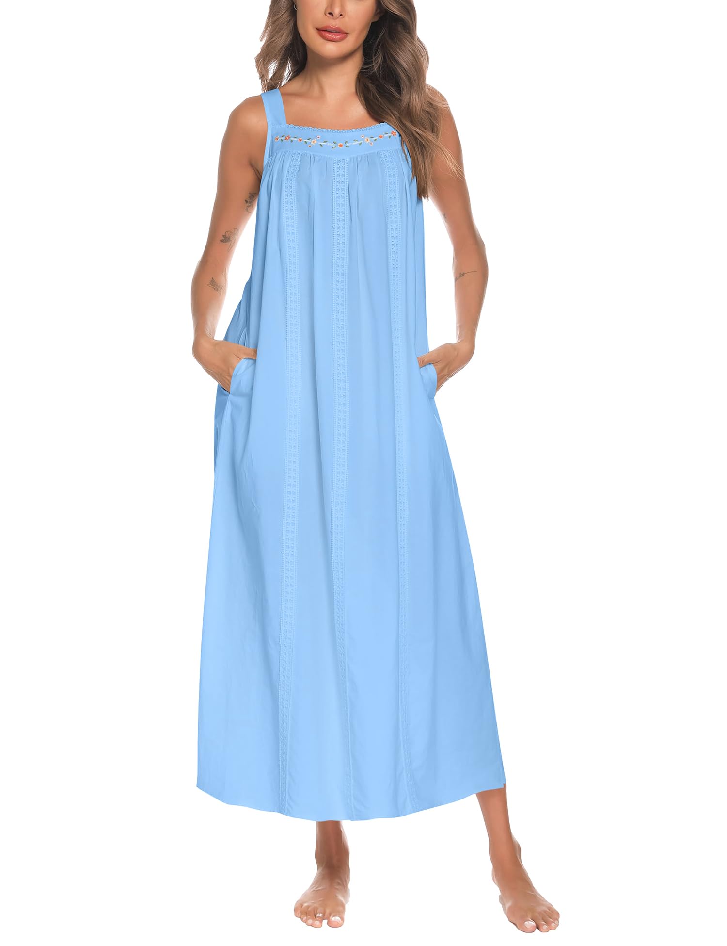 YOZLY Cotton Nightgowns for Women Embroidery Sleeveless Night Gown with Pockets S-XXXL