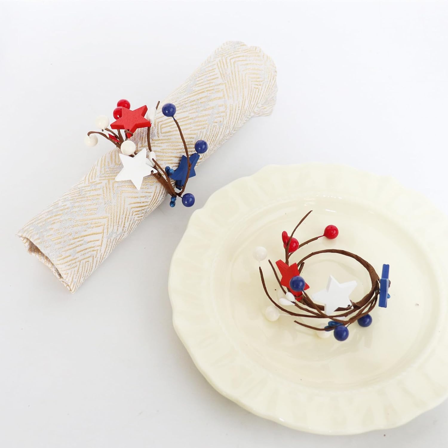 4 Pcs 4th of July Patriotic Napkin Rings Red White Blue Wooden Stars with Berry Napkin Ring Holders for Independence Day Party Dinning Table Decoration Supplies image 3