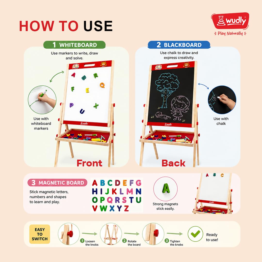 Wudly 3in1 Wooden Easel Board for Kids - Double Sided Magnetic Whiteboard and Blackboard with Chalk Duster Marker Adjustable Height Drawing & Writing Board Learning Writing Board for 3+ Years 2