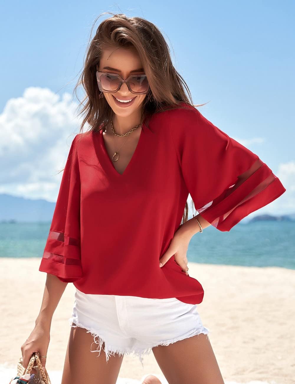 Vetinee Women's 3/4 Bell Sleeve Shirt Mesh Panel Blouse V Neck Casual Loose Tops Small B-v Neck Red