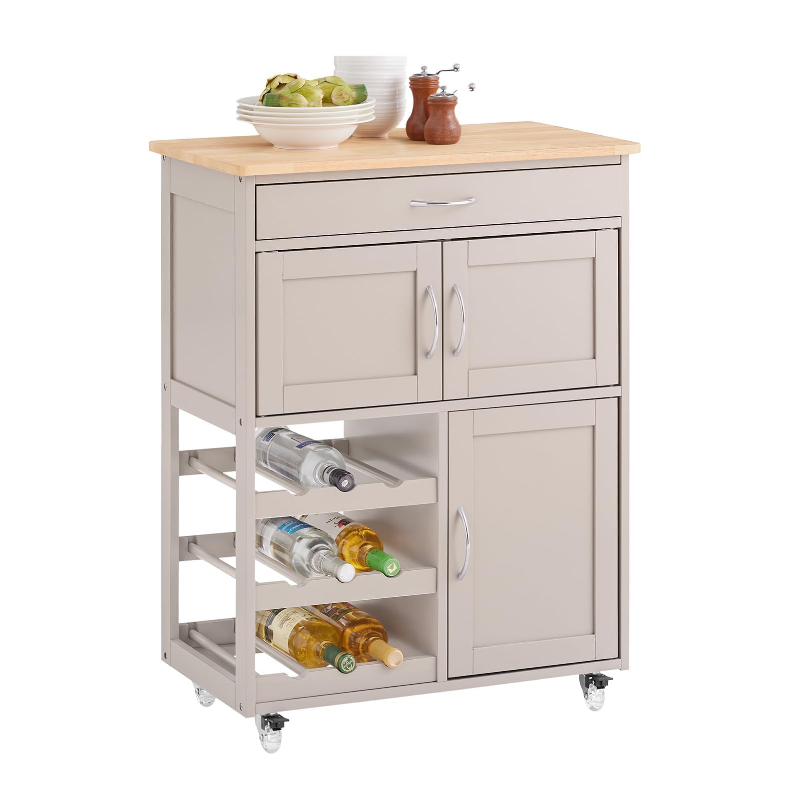 SoBuy Mueble Auxiliar de Cocina con Ruedas y botellero 67 × 86 × 38 cm | Carrito auxiliar de cocina con ruedas, encimera de madera de caucho y cajón, ideal para la cocina y el comedor MDF FKW45-KA