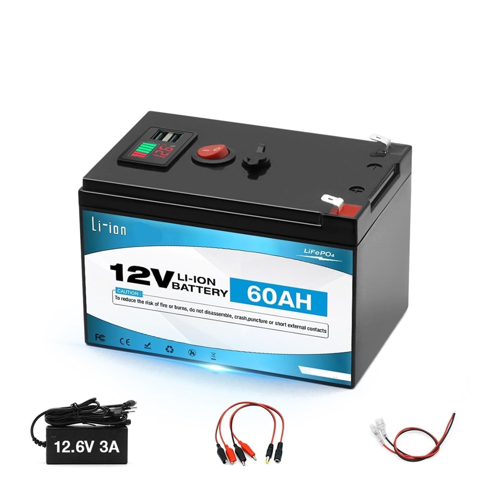 Batteria A Ciclo Profondo Batteria 12V 60Ah Litio LiFePO4 | Batteria ricaricabile da oltre 4000 cicli for energia solare/eolica, piccoli UPS, illuminazione, ecc(LiFePO4 60000mAh Set)