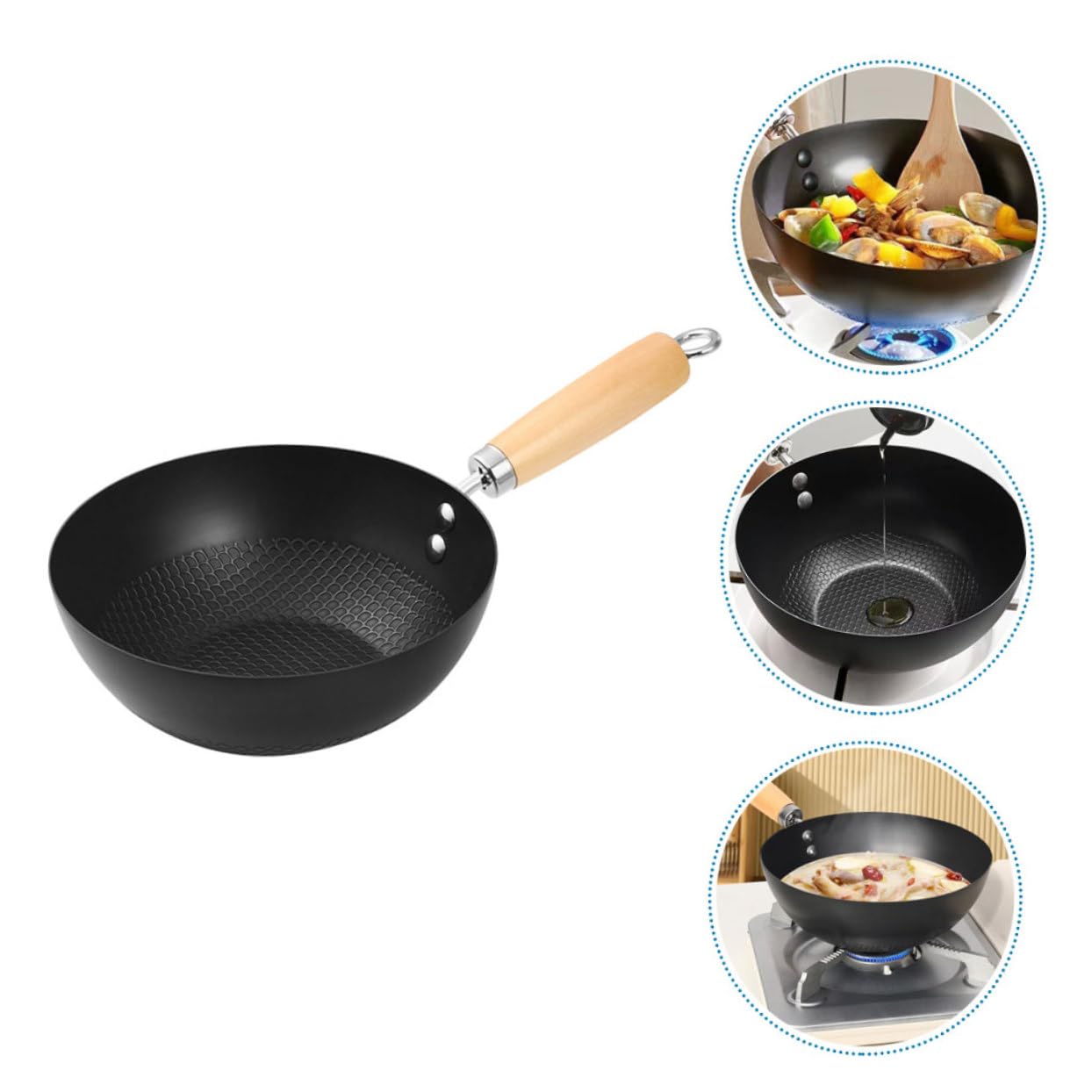 ABOOFAN Wok Mini in Ferro Nero per Piano a Induzione, Manico in Legno