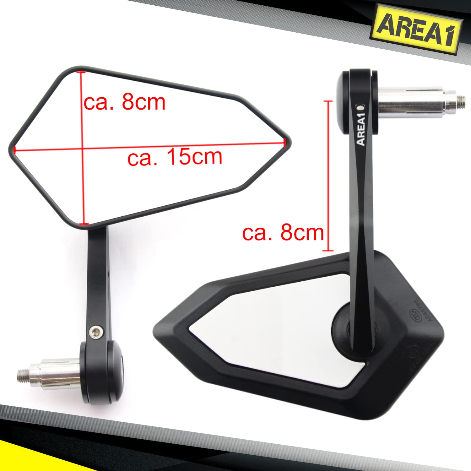 Area1 Specchietti Retrovisori Moto Universali da Manubrio, Coppia Omologata E – Compatibili con Duke SMC/R MT07 MT09 MT10 Z900 Z650 Z500 Z125 CMX CB 500 Hornet SV650 XSR F900R M1000R/XR R18 Brutale