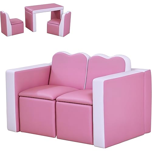Qaba Kids Sofa Set 2-in-1 Multi-Functional Toddler Table Chair Set 2 Seat Couch Storage Box Soft Sturdy Pink