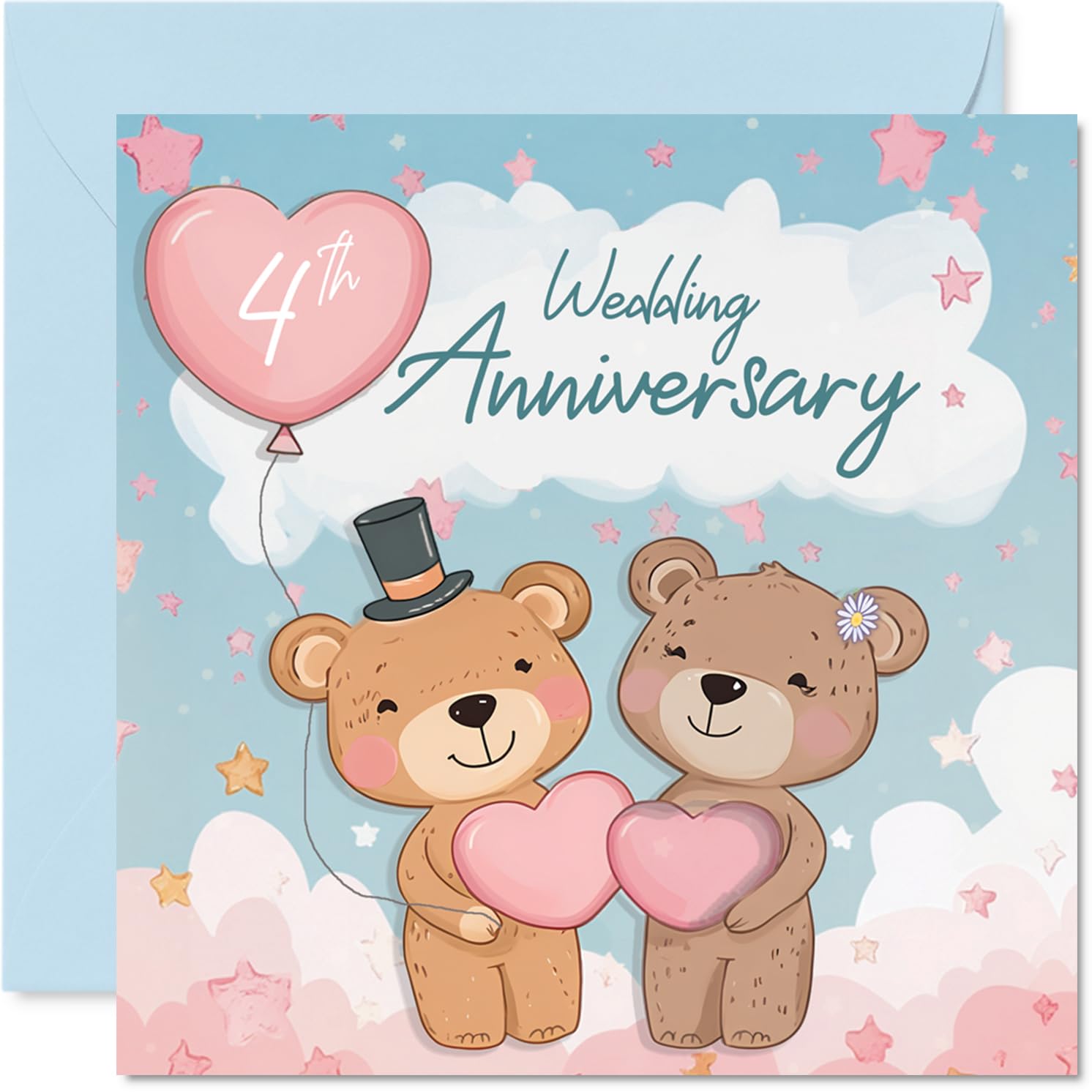 4th Anniversary Card for Women Men - Bears & Clouds - Happy 4 Year Wedding Anniversary Card for Husband Companion Wife Partner, 145mm Anniversaries Greeting Cards