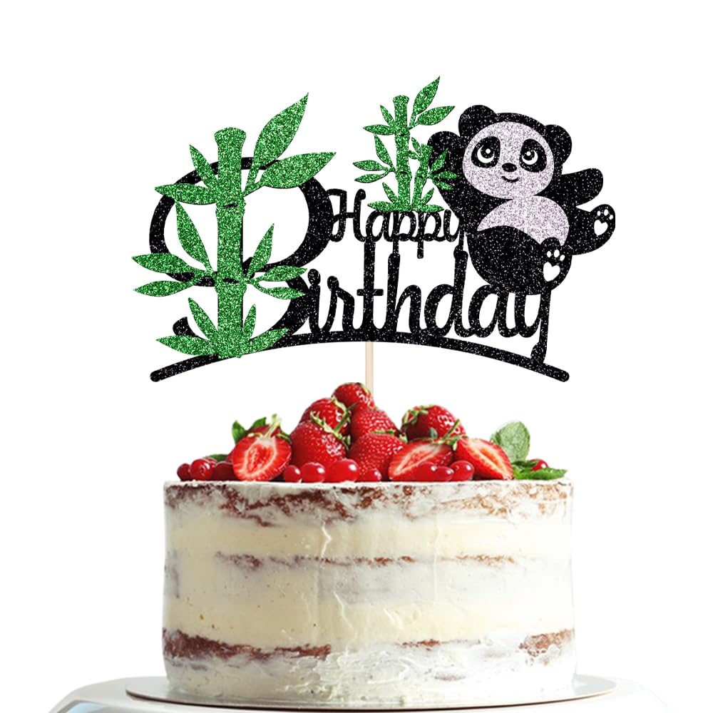Dxsdgetue Panda Happy Birthday Cake Topper，Black Panda Bamboo Birthday Cake Decorations，Jungle Animals Theme Party Decorations Supplies for Kids, Baby Shower Cake Decor