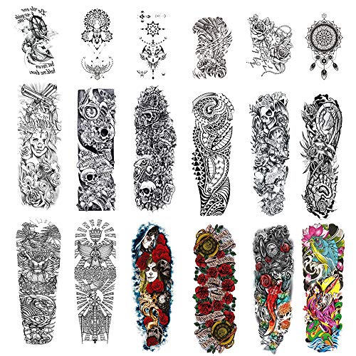Wowkiki 18 Sheets Full Arm Temporary Tattoo Paper, Large Fake Black Realistic Waterproof Art Tattoo Stickers, Long Lasting Easy Custom for Adults Men, Women, Party, Masquerad.