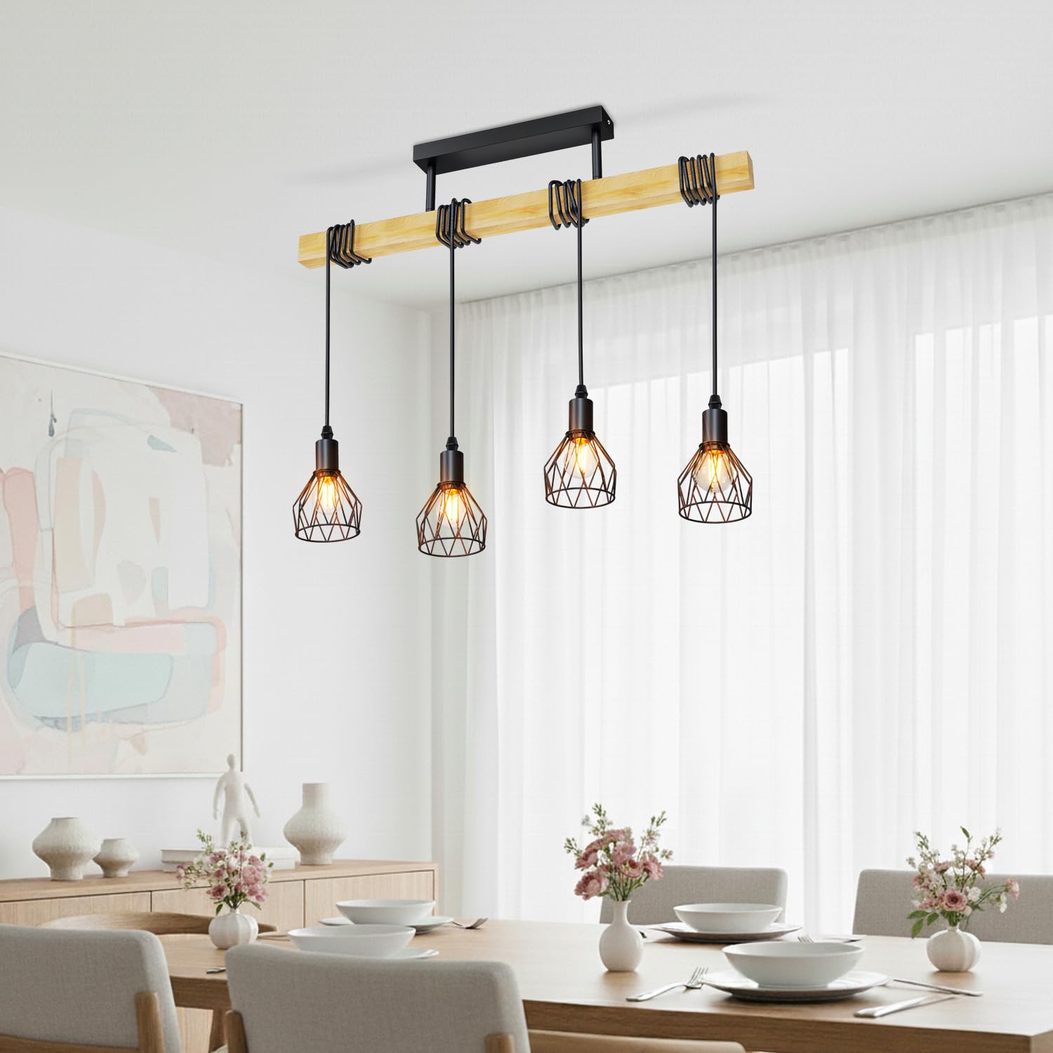 LVWIT Lampadario Sospensione E14, Lampade a Sospensione Rustici con 4 Luci, Lampadario Camera da Letto Nero, Base di Legno, Lampadari per Cucina, Sala da Pranzo, Soggiorno (Senza Lampadina)