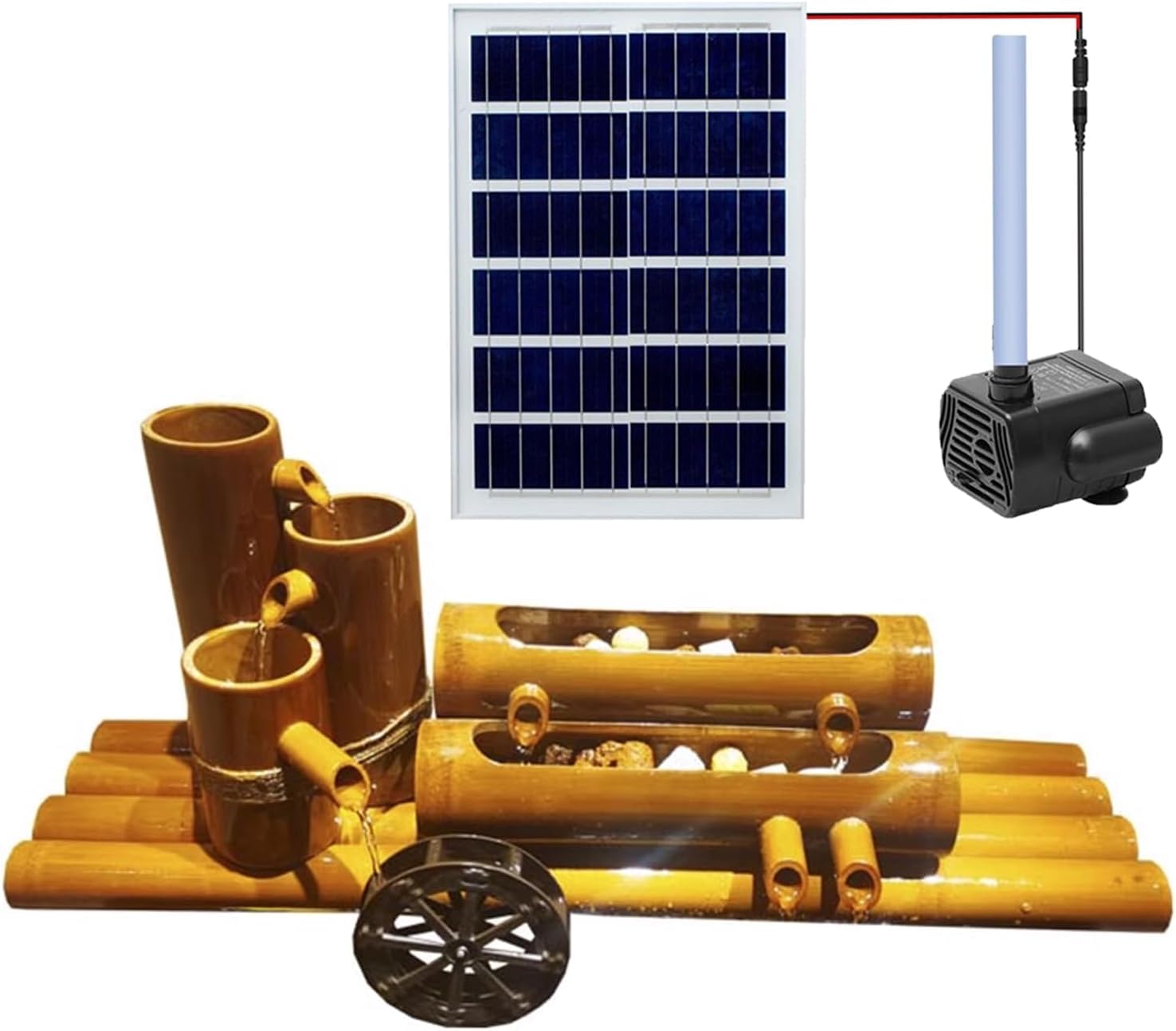 Zestaw fontanny solarnej z pompką i filtrem wody – 40 cm bambusowa funkcja ogrodowa do dekoracji trawnika, podwórka i domu
