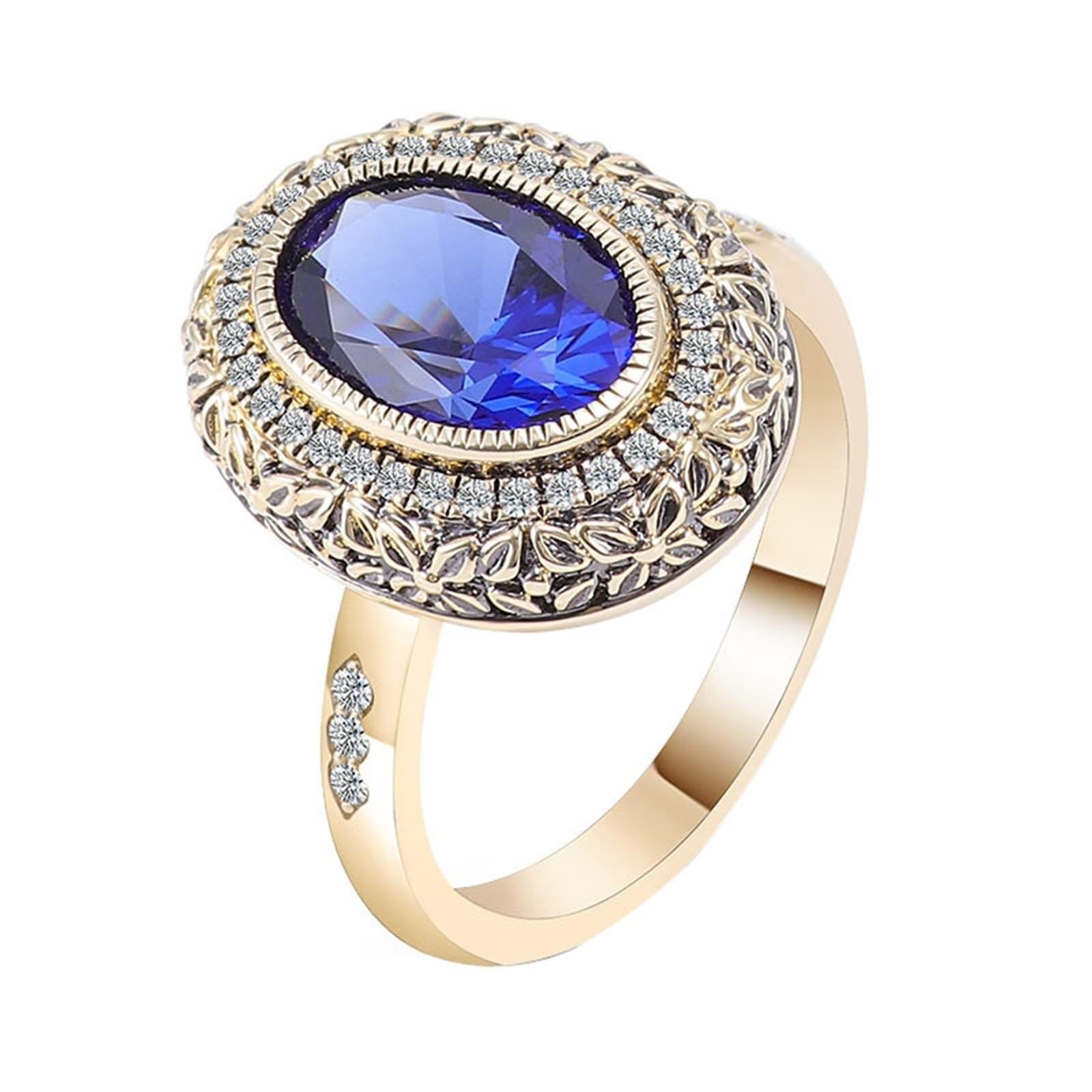 Véritable bijou en or jaune 9 K/14 K/18 carats, motif fleurs vintage, bague solitaire avec taille ovale 1/2/3 carats, créée en laboratoire saphir bleu, or au 375/585/750, bague de fiançailles