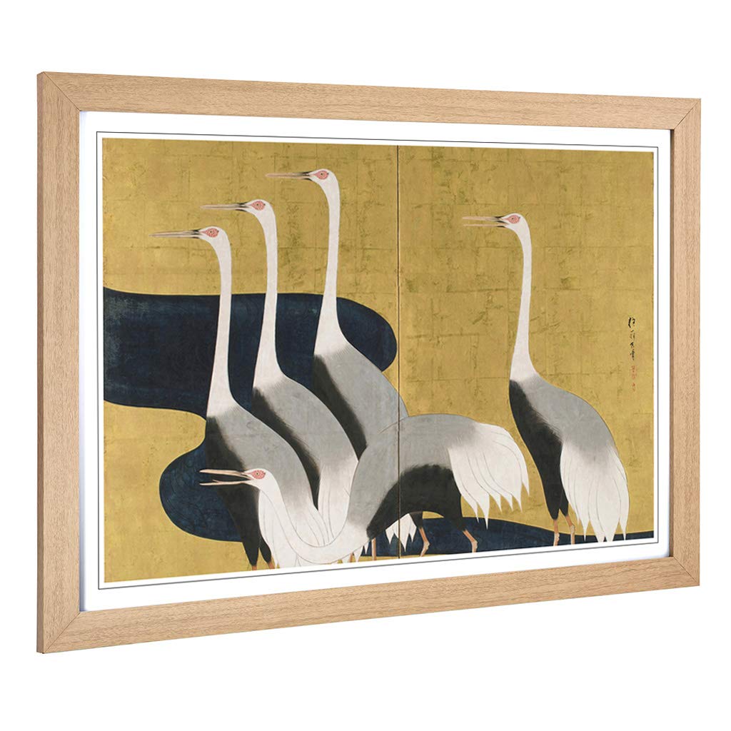 Big Box Art Framed Print of Sakai Hoitsu Cranes Oriental Japanese Design | Wall Art Picture | Home Decor for Kitchen, Living Room, Bedroom, Hallway, Oak, A2 / 24.5x18 Inch / 62x45cm