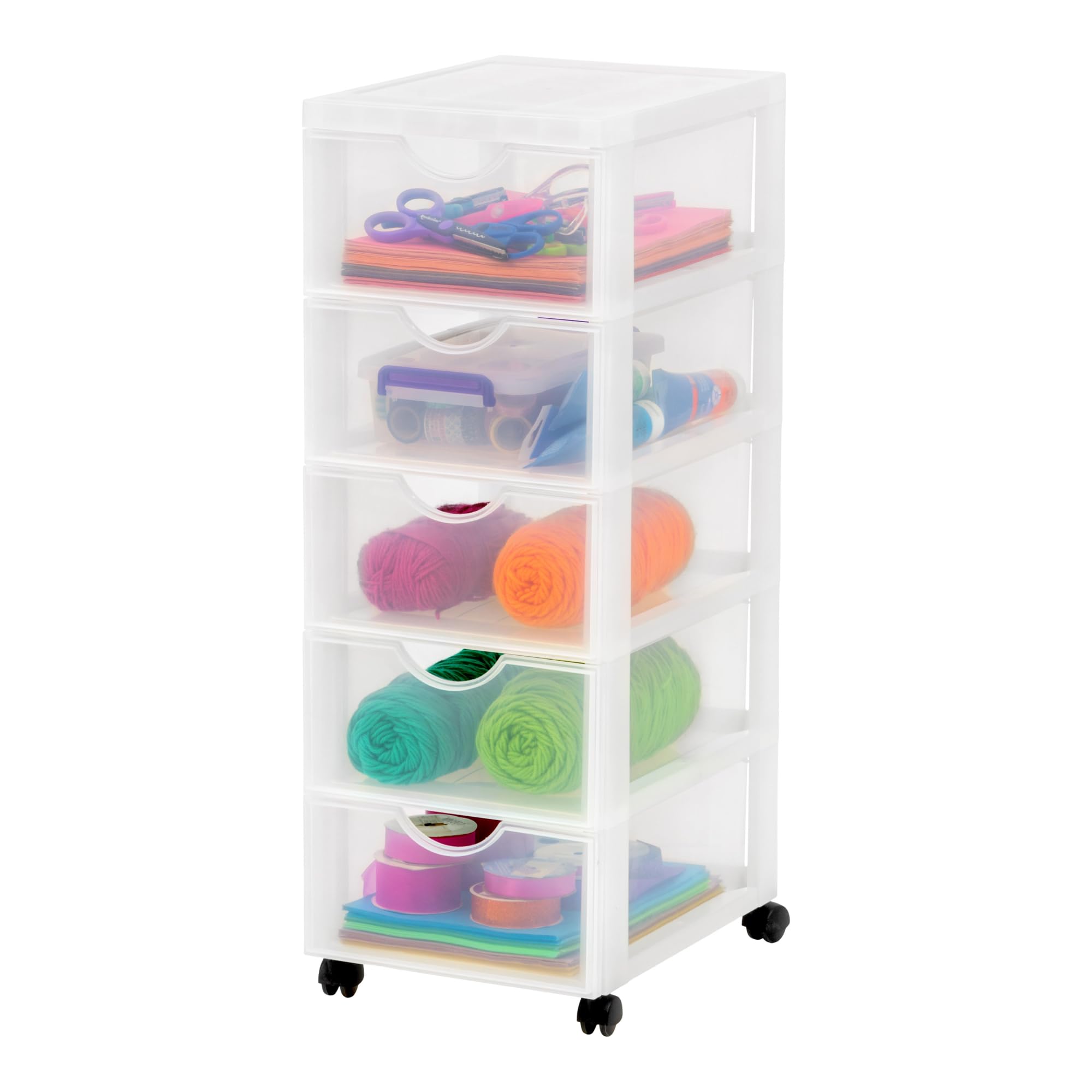 Iris Ohyama Kunststoff-Schubladenbox mit Rollen, 5 tiefen Schubladen, Mattweiß, Griffe zum Ziehen, Für Schlafzimmer, Schule & Büro, BPA-frei, Schubladenschrank, Rollcontainer, A4 Drawer, DDDC-005