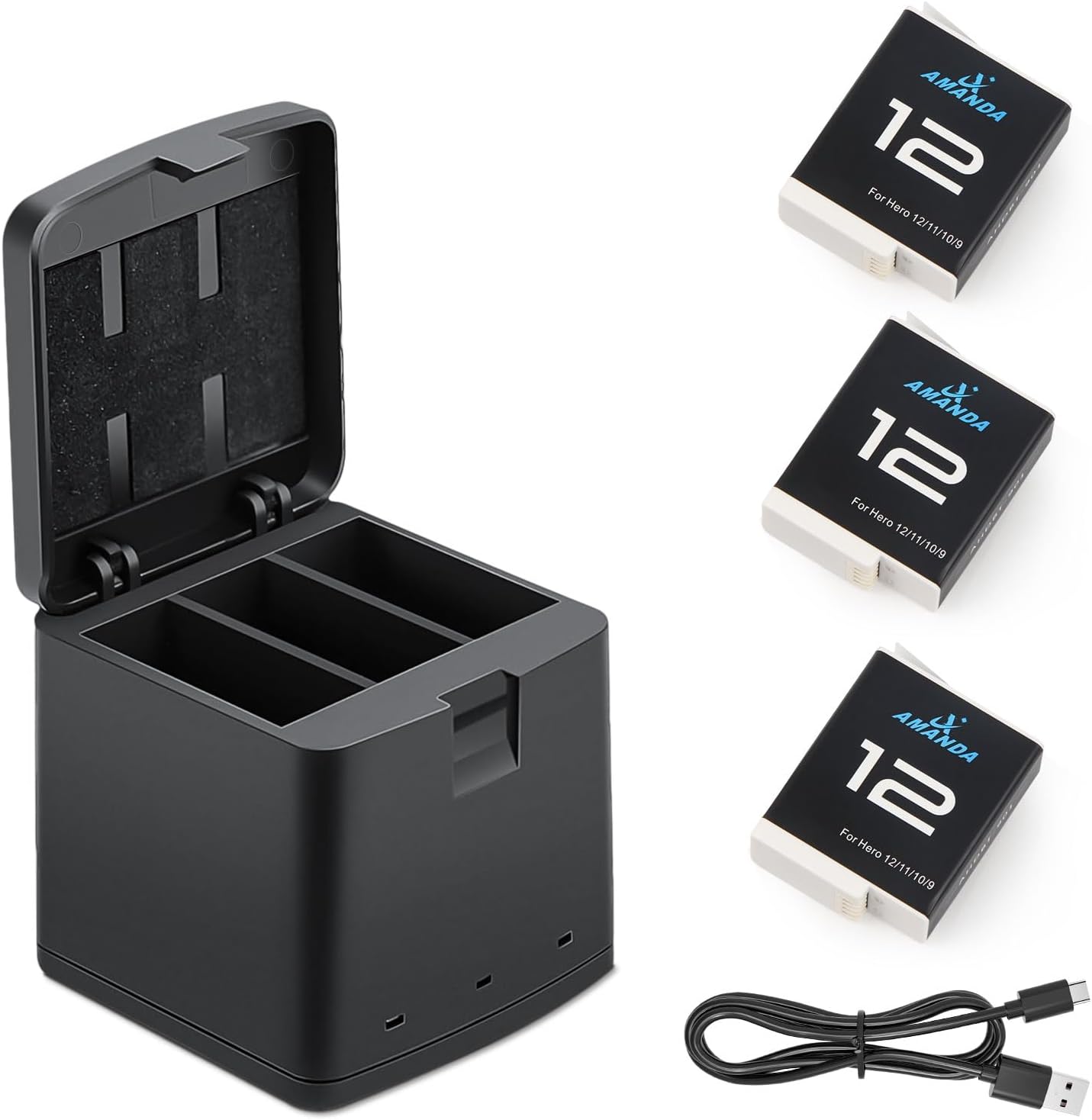 3 Packs Replacement Batteries 1800mAh Hero 12 Black with 3 Channel Battery Charging Station, Fully Compatible with Hero 12/Hero 11/Hero 10/Hero 9 Black Camera-Type-C Quick Charge