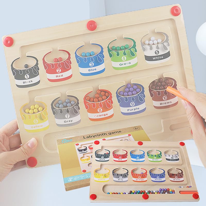 Magnetic Color and Number Maze, Wooden Montessori Magnetic Puzzles Toddler Color Matching Counting Learning Toys for Boys Girls 3 4 5 Years Old