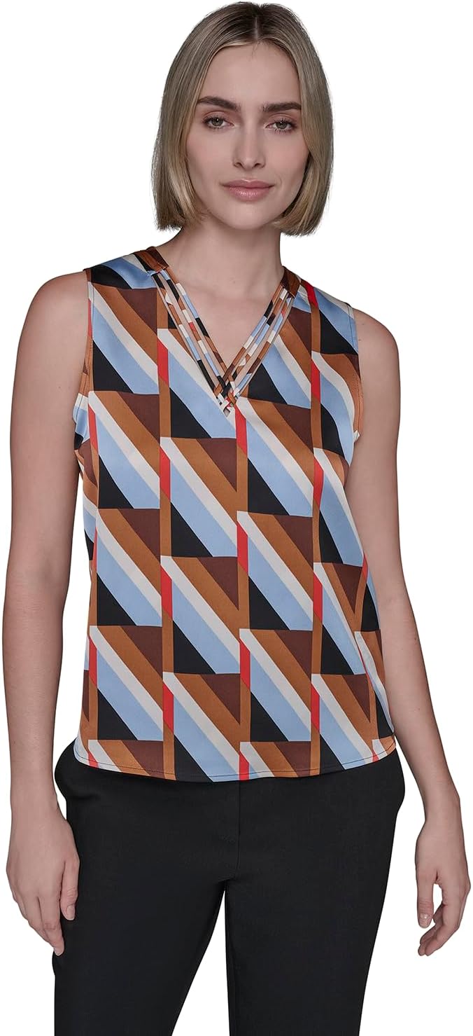 Karl Lagerfeld Women's Sleeveless Strappy V-Neck Woven Blouse