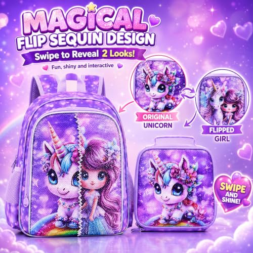 Image of 16 inch Unicorn Backpack for Girls, 3Pcs Rainbow Kids Backpacks with Lunch Box, School Bookbag for Elementary Preschool Kindergarten (Purple)