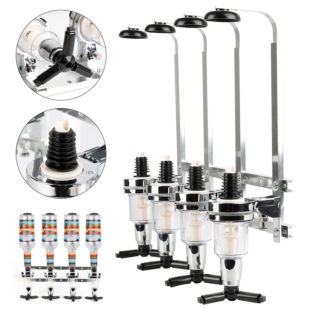 HUOLE dosificador de botellas, de pared, para 4 botellas, accesorio de bar, plateado, pie de pie de dosificador de bebidas de pared, adecuado para amantes de la familia, del bar y del barman de 4