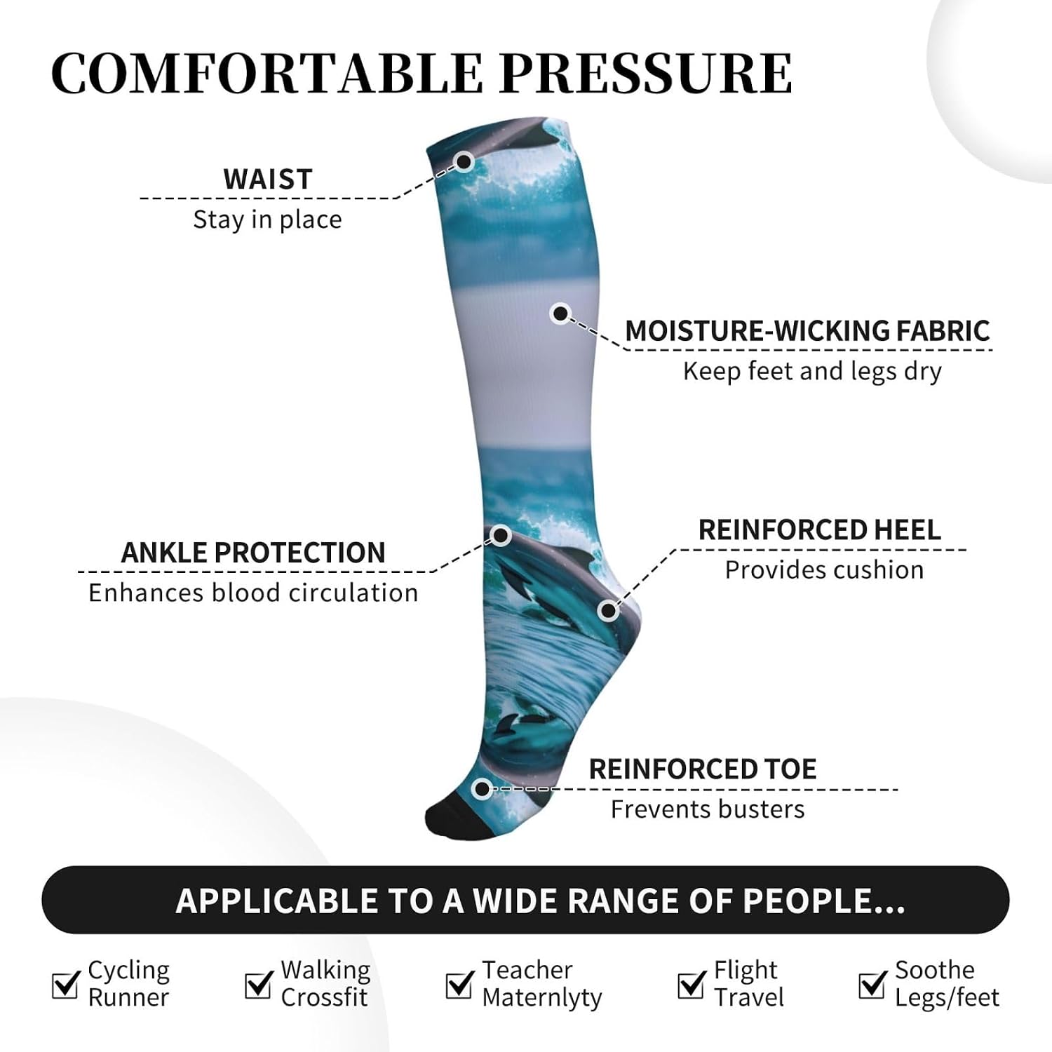 Knee-High Compression Socks,15-20 Mmhg,Suitable For Running,Flying,Traveling.