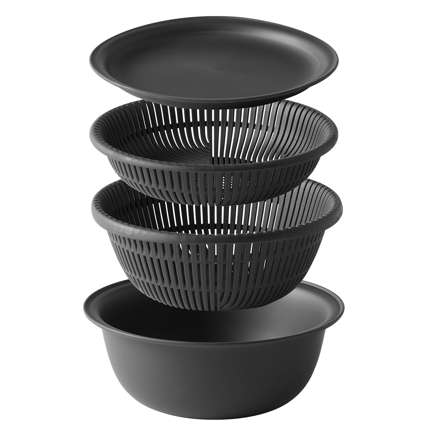 Marna K836DGY K836DGY Colander Bowl, 7.1 inches (18 cm), Set of 4 (Microwave Safe, Heat Resistant, Stackable) with Tray, Colander Bowl Set, Heat Resistant Bowl, Dishwasher Safe, Steamer, Dark Gray : H
