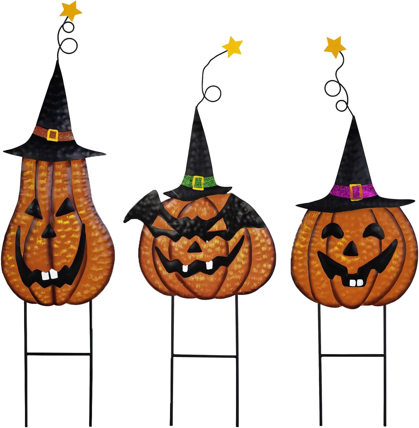 Halloween Pumpkin Garden Stake with Witch Hat Metal Jack-O-Lantern Stakes Scary Yard Sign with Spooky Faces Decorative Pumpkins Rustic Thanksgiving Fall Outdoor Decor for Lawn Pathway (Set of 3)