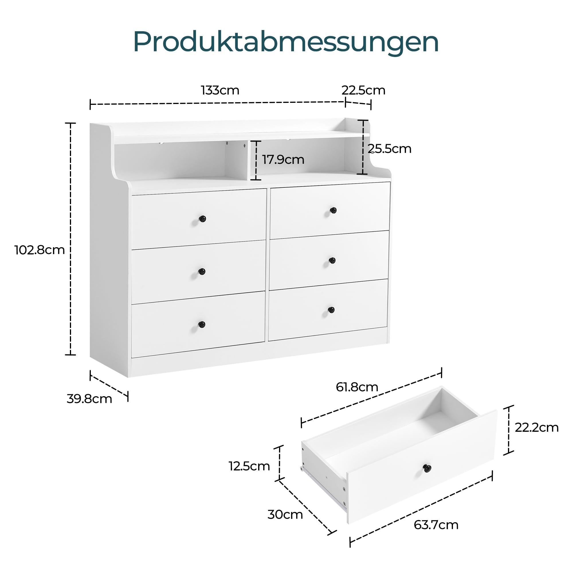 LINSY HOME Kommode mit 6 Schubladen, Weiß – Hochwertiger Schubladenschrank aus Holz, Wäschekommode fürs Schlafzimmer, Modernes Design, Maße: 133 × 102,8 × 39,8 cm | Hochwertiger Schubladenschrank aus Holz, Wäschekommode fürs Schlafzimmer, Modernes Design,