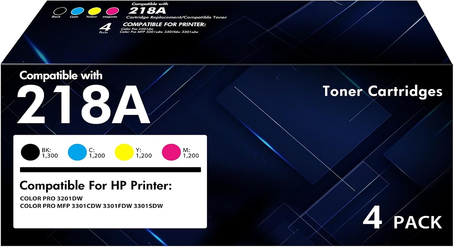 218A Toner Cartridges 4 Pack 218X 3301fdw 3201dw Compatible for HP 218A 218X 218 Color Pro MFP 3301 3301cdw 3301fdw 3201dw 3301sdw Printer Ink Set with Chip | W2180A Black Cyan Yellow Magenta