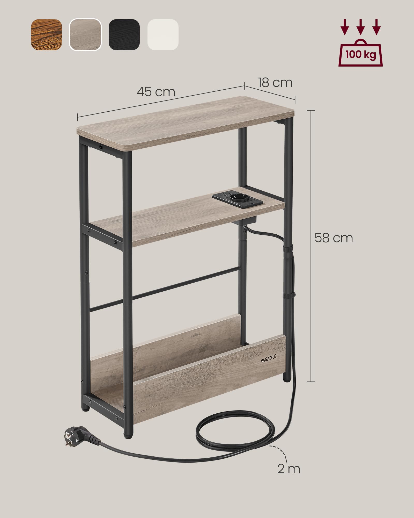 VASAGLE Table d’Appoint Fine avec Multiprise, Table de Chevet à 3 Niveaux, Bout de Canapé, pour Petits Espaces, Porte-Magazines, Salon, Chambre, Bureau, Grège Chiné et Noir d'encre LET335K05