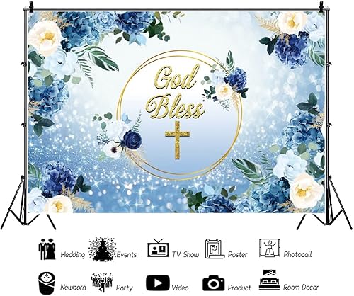 Miniatura 3 de Telón de fondo de 7 x 5 pies, decoración de primera comunión, flor azul, purpurina dorada, cruz, bautizo, fiesta, pastel, decoración de mesa,