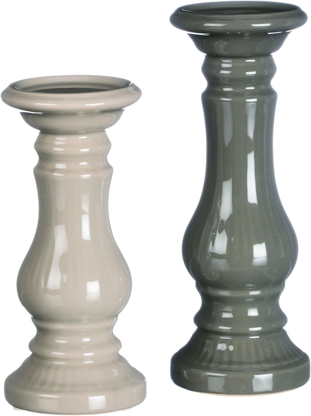 Set of 2 Candle Holders in Grey and Taupe Glazed Ceramic 8.25 and 9.75 Inches High