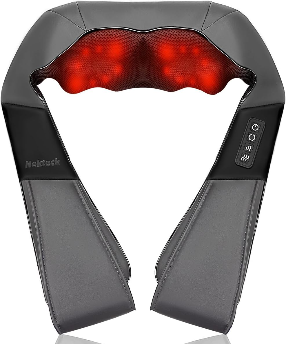 Nekteck 3D masajeador cervical y espalda con calor relajante, shiatsu de tejido profundo masajeador cervical, hombro, espalda y masajeador de cuello Para uso en el hogar/oficinas/automóviles (Gris)