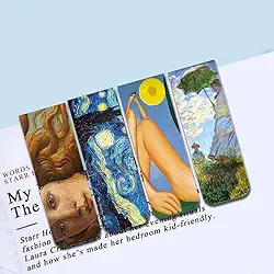Kit 4 Marcadores de Página Magnéticos - Grandes Obras (Noite estrelada de Vincent van Gogh, Nascimento de Vênus de Sandro Botticelli, Mulher com sombrinha de Claude Monet e Tarsila do Amaral)