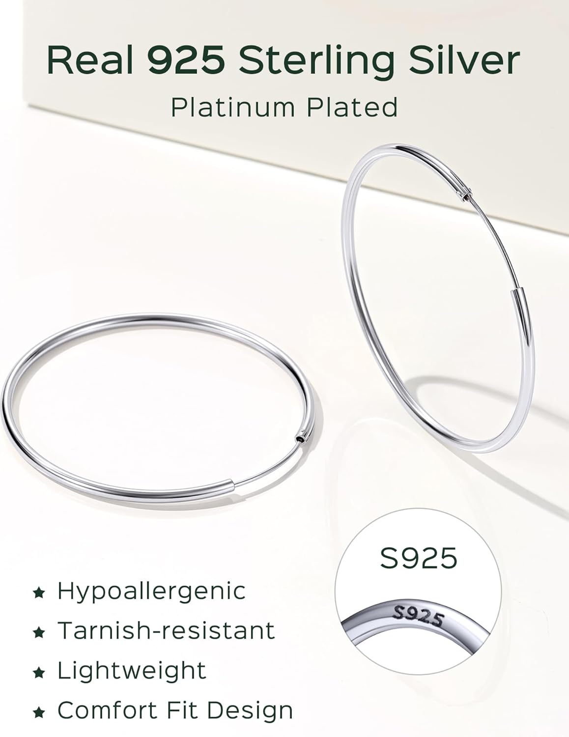 ChicSilver 925 Sterling Silver Hoop Earrings for Women Hypoallergenic, Lightweight Large Gold Plated Silver Hoop Earrings, Endless Hoops Earring 20/30/40/50/60/70MM