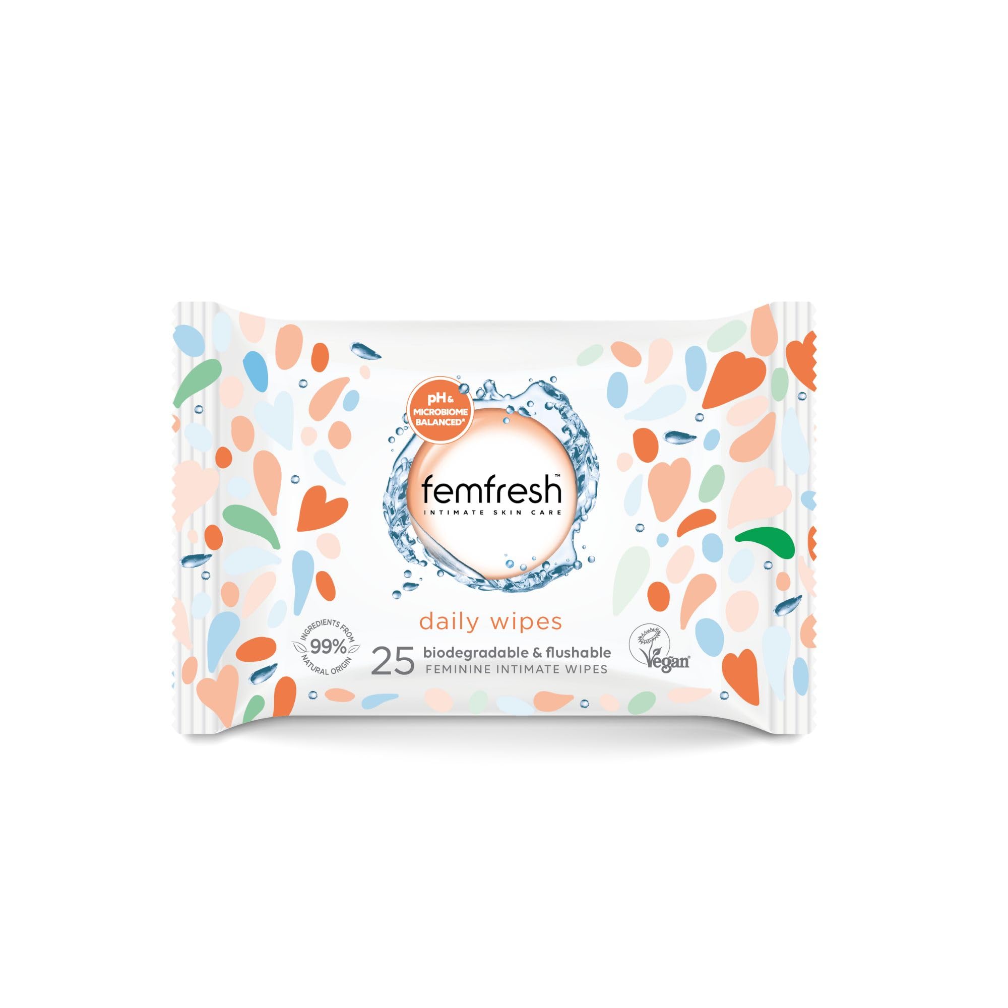 Femfresh Intimate Wipes - Flushable & Biodegradable Disposable Feminine Hygiene Vaginal Cloths w. Calendula & Aloe Vera Extracts - Soothing, pH Balanced, Hypoallergenic, 25 Count (Pack of 1)