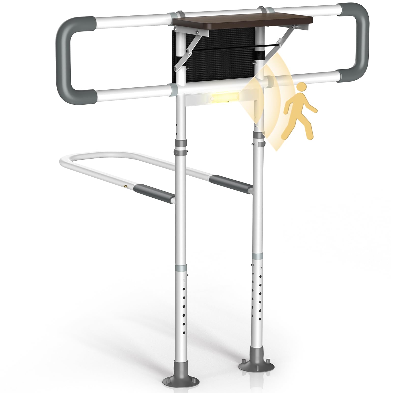 Bed Rails for Elderly Adults Safety with Foldable Side Table, ASTM Approved Adjustable Bed Assist Rail for Seniors, Sensor Light, Non-Slip Handle, Storage Pocket, Fits Twin/Full/Queen/King
