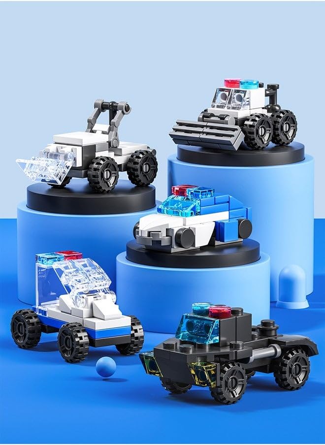 Assembled mini police vehicle models from Chocozone building blocks, including police cars and SUVs.