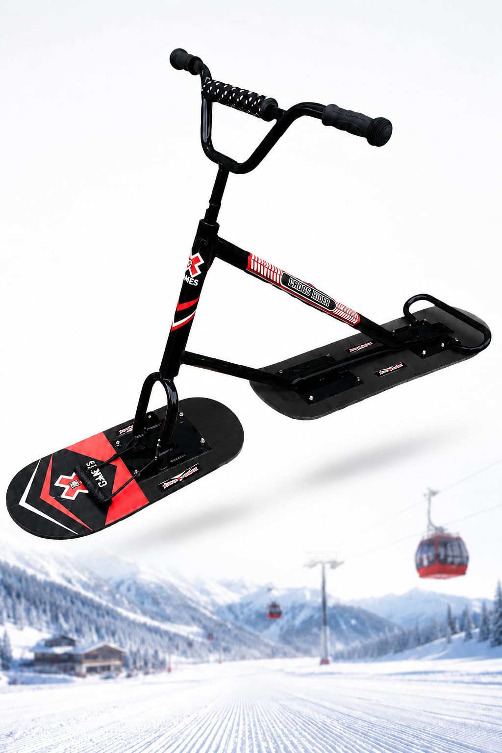 Patinete Nieve para Adultos Y Adolescentes, Estructura De Acero Reforzado Doble Tabla Snowboard, Capacidad 150 Kg, Esquís Gruesos Madera Nieve Y Hielo En Estaciones Y Jardines Black