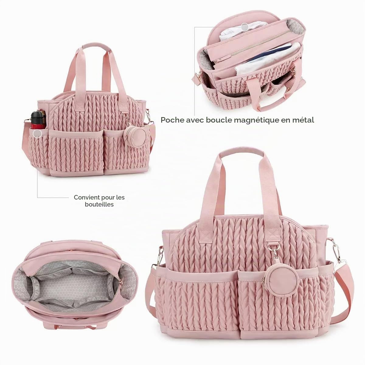Générique Sac à Langer Isotherme 2025 | 13 Poches Organisation Multifonction | Grand Sac de Voyage Maternité avec Bandoulière Amovible | Capacité XXL Imperméable pour Maman/Papa (Rose Néo)