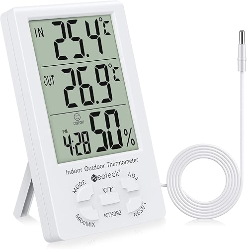 Neoteck Termómetro higrómetro 3 en 1 con reloj pantalla LCD grande, medidor digital de temperatura de humedad 4.9 ft Cable de sensor para uso en