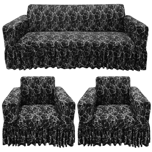 Image of Gifts Island Sofa Cover Set Marble Design 5 Seater Fully Covered Universal Polycotton Spandex with 360 Frill Non-Slip Sticky Elastic Stretchable Sofa Slipcover for Livingroom (Black Marble)