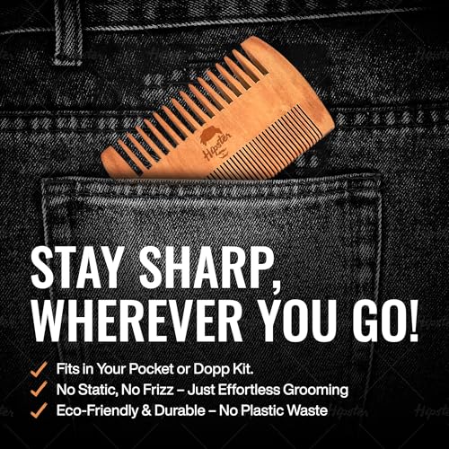 Image of Hipster Wooden Comb & Beard Brush for Men Combo | Dual Side Tooth Beard & Hair Grooming Comb for Hair Growth | Anti-Static, Pocket Friendly, Natural Wooden Comb