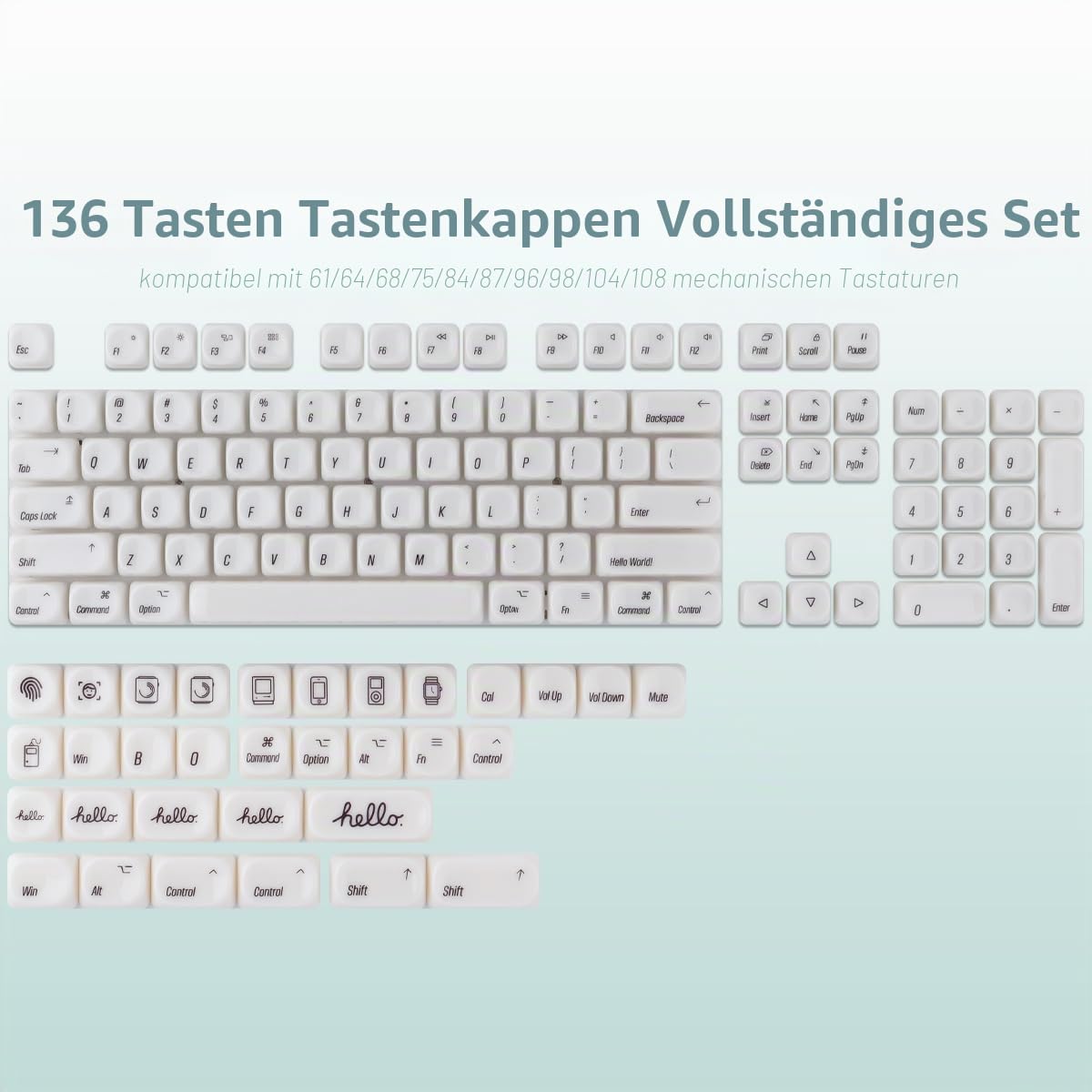 Sunzit MOA Keycaps, 136 Tasten, Cute Keycaps mit Keramikstruktur, minimalistisches weißes Keycap Set, Tastenkappen für mechanische Tastaturen mit 65%/75%/96%/voller Größe (durchscheinendes Weiß)