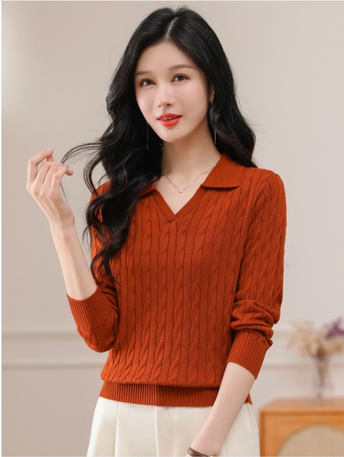 Maglioni da Donna con Scollo a V, Maglione Lavorato a trecce, Pullover Casual Elegante, Top Autunno Inverno alla Moda(Red,XL)